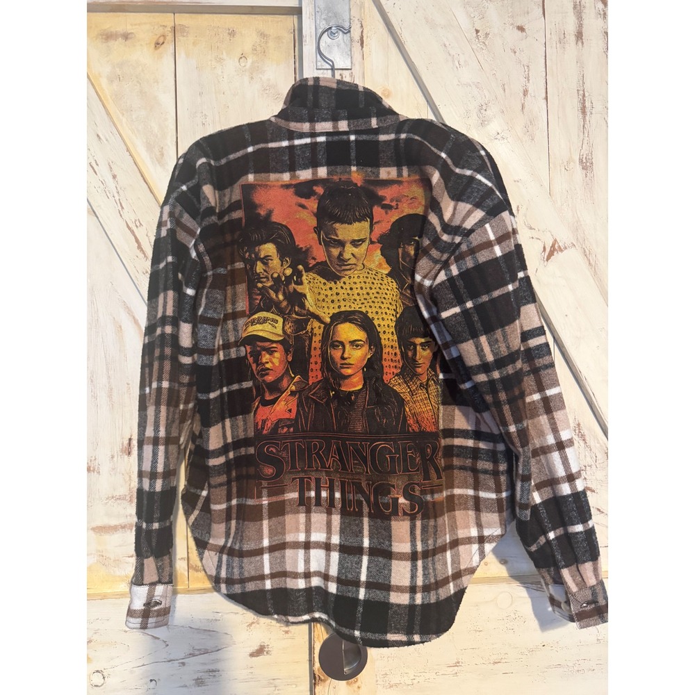 STRANGER THINGS Flannel Plaid Button Down Shirt Women Brown Black Size Small